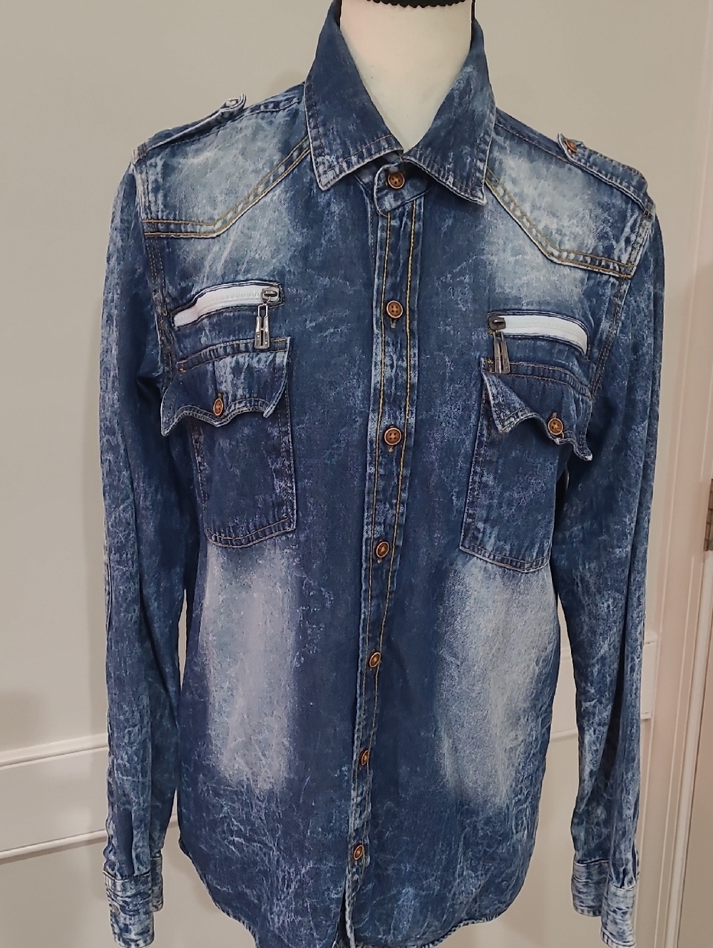 Courage Clothung Co. Faded Washed Denim Button-Up Shirt - Blue